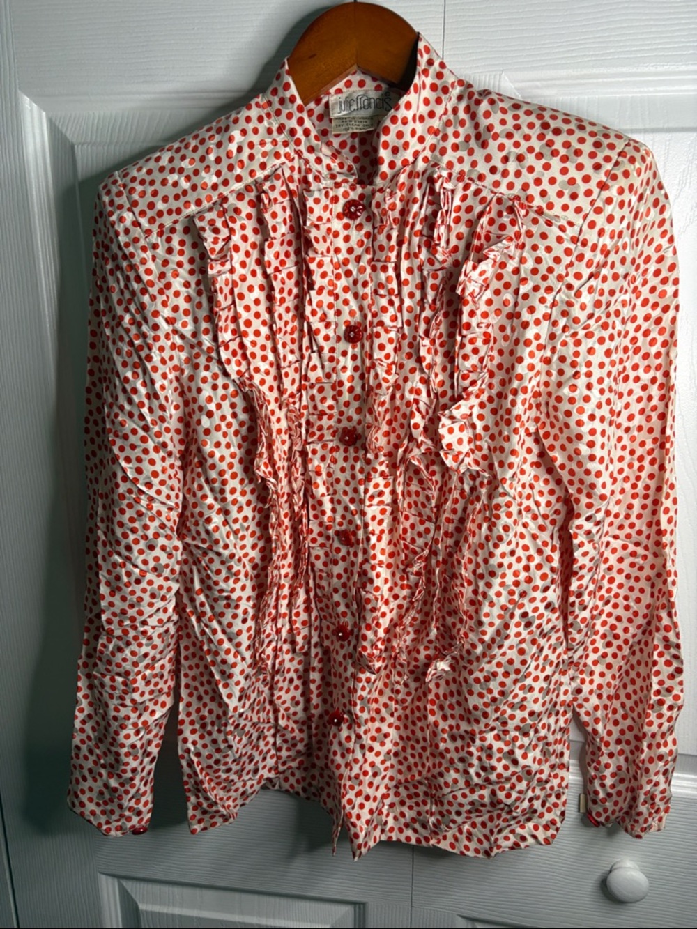 Vintage-Inspired Red Polka Dot Ruffle Blouse -